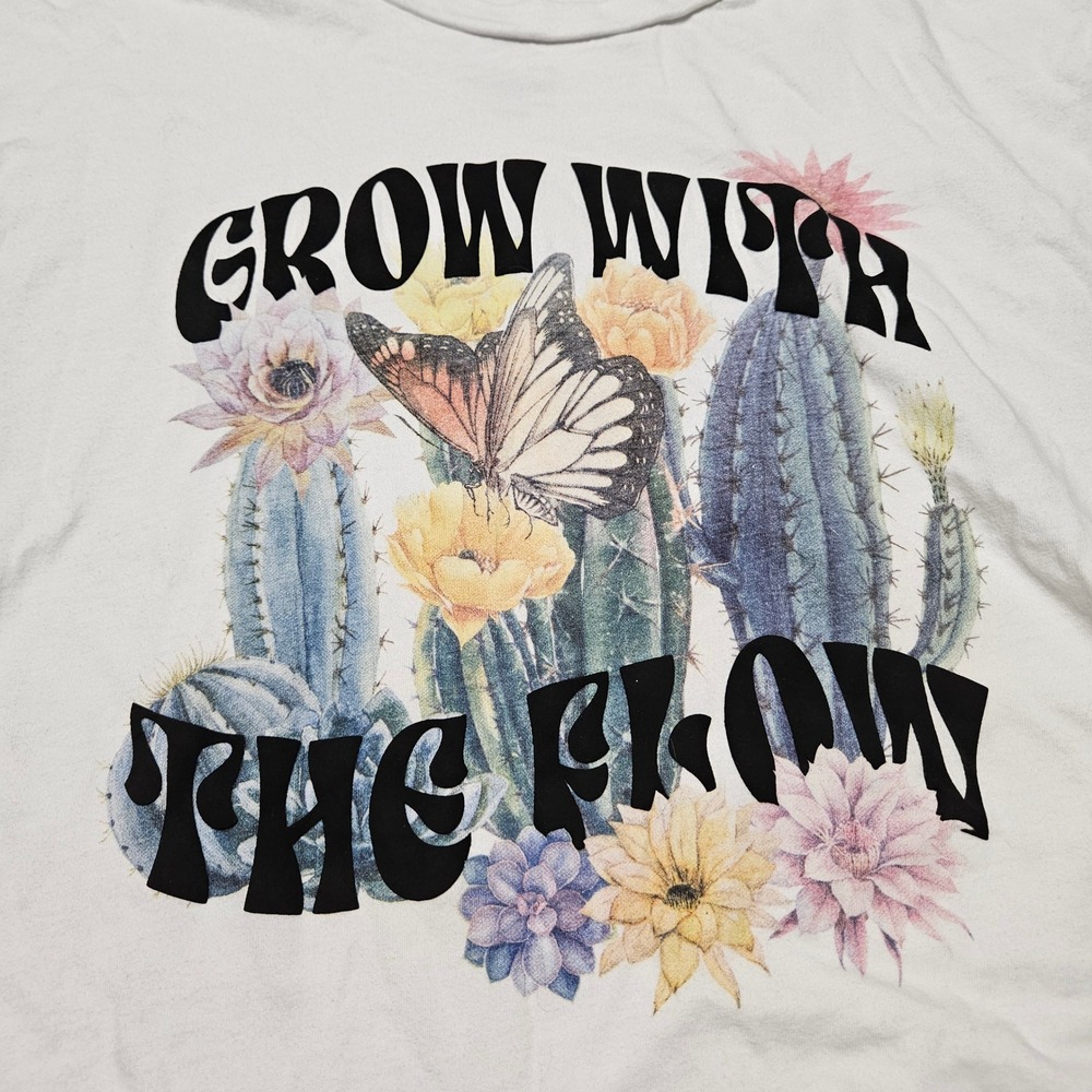 Organic Generation Graphic Tee Women Large White Grow With The Flow Cactus Crop